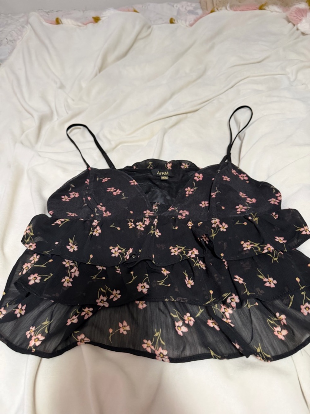 AFRM Gisela Tiered Floral Cami Top - Black/Pink Women’s Medium - Picture 3 of 6